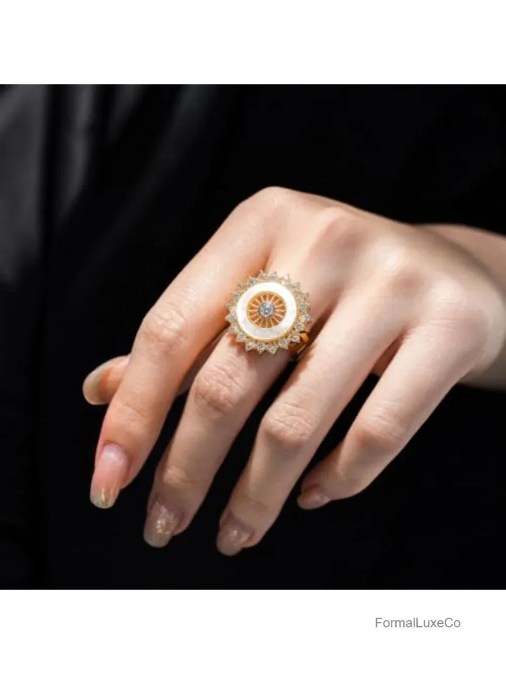 18K Gold Plated Adjustable Wide Band Ring with Cubic Zirconia